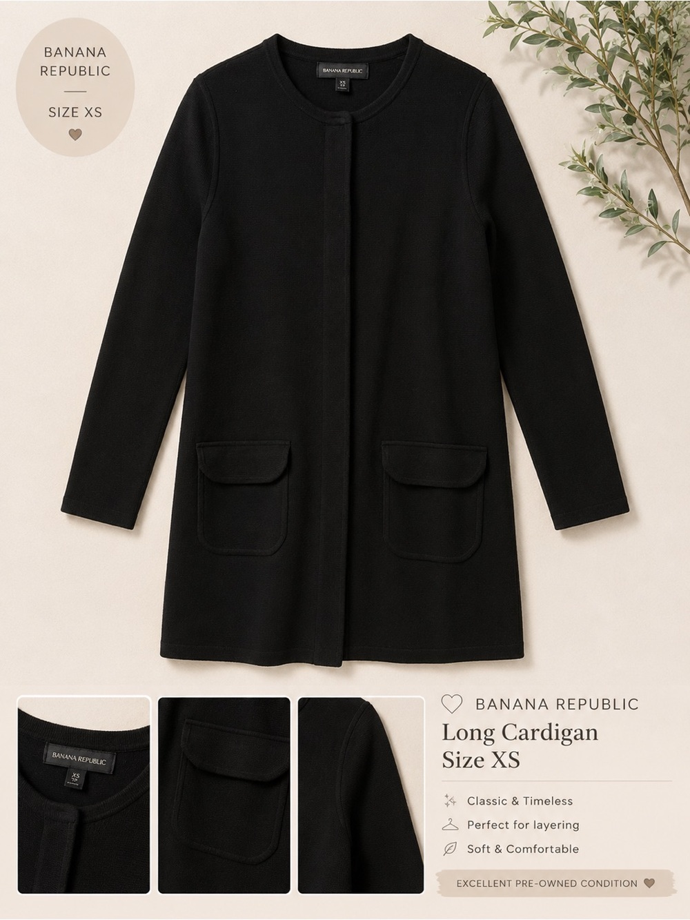 Banana Republic Black Long Cardigan Size XS Open Front Pocket Sweater